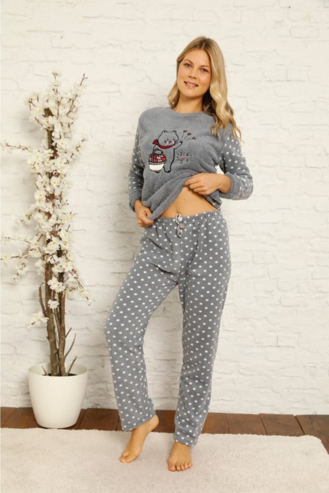 Kadın Füme Kedicik Desenli Puanlı Polar Peluş Pijama Takımı