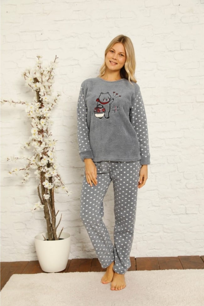 Kadın Füme Kedicik Desenli Puanlı Polar Peluş Pijama Takımı