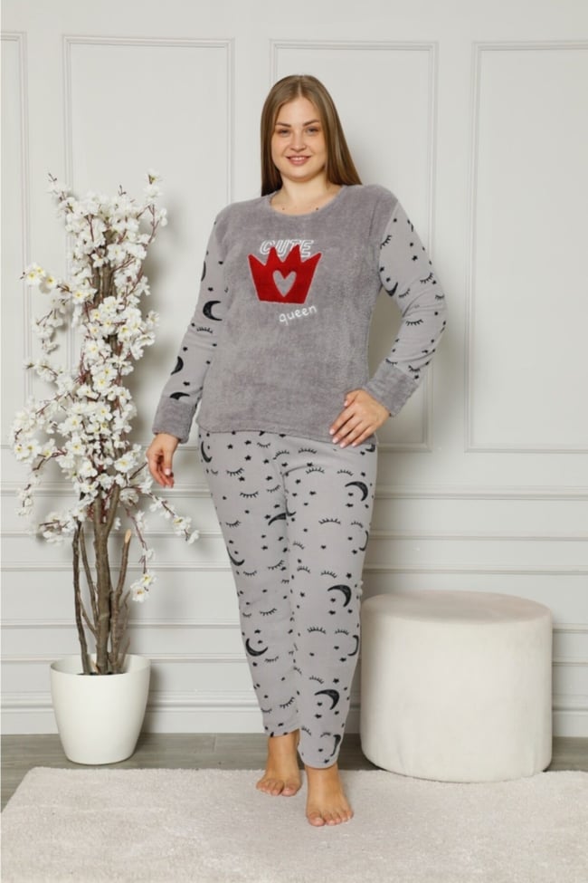 Kadın Füme Queen Yazılı Ay Yıldız Desenli Polar Peluş Pijama Takımı
