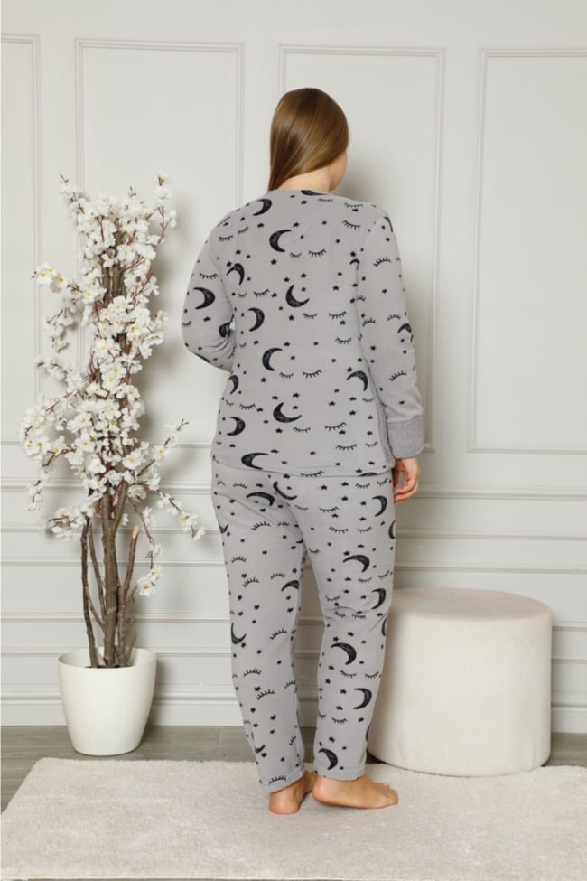 Kadın Füme Queen Yazılı Ay Yıldız Desenli Polar Peluş Pijama Takımı