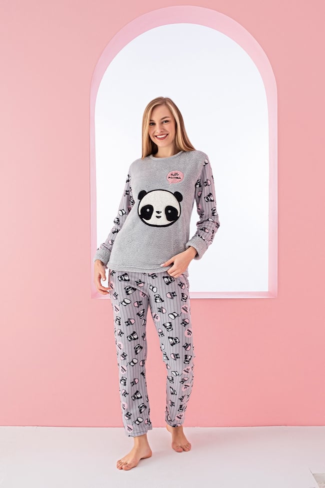 Kadın Füme Yazılı Panda Nakışlı Polar Peluş Pijama Takımı.