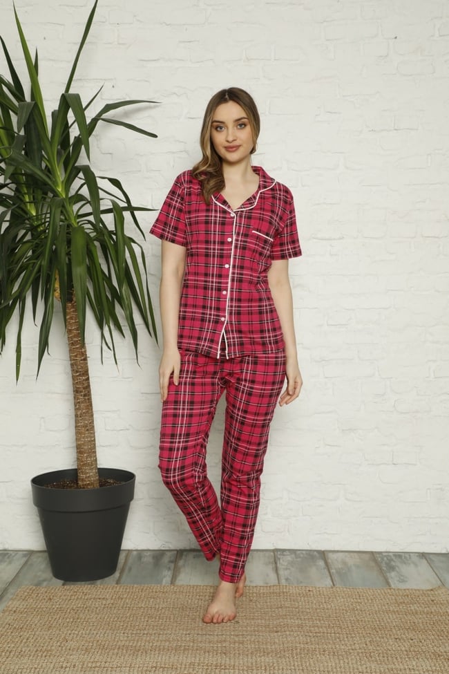 Kadın Fuşya Ekose Desenli Düğmeli Pijama Takım