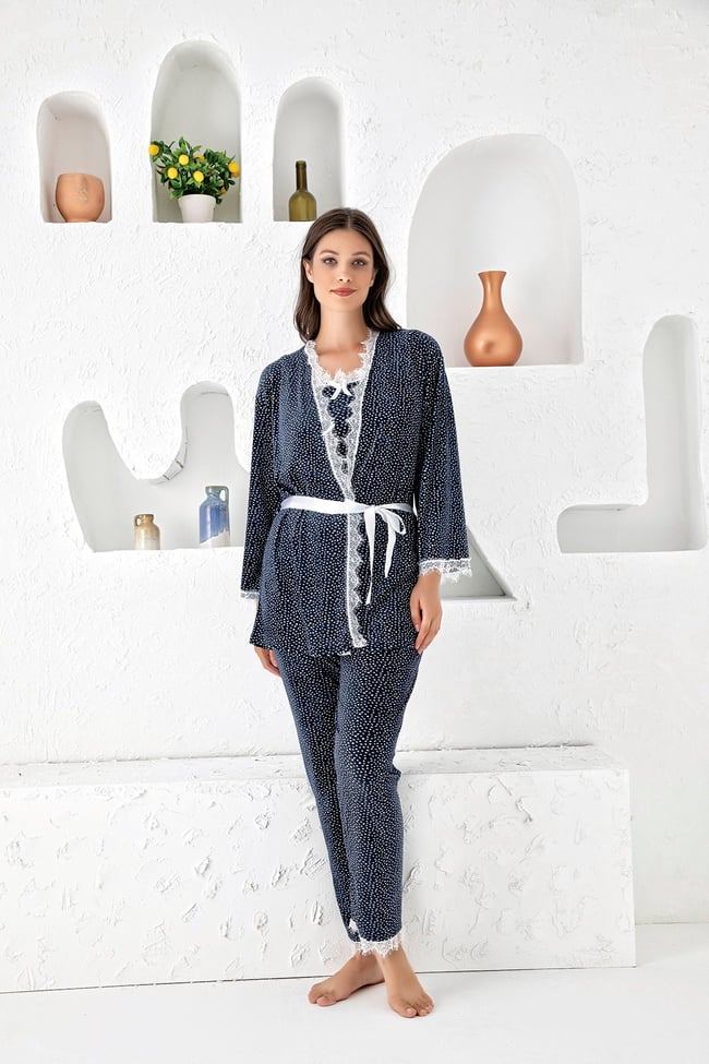 Kadın Gece Mavisi Puan Baskılı Fransız Kadife Ip Askılı Altı Uzun Sabahlıklı 3'lü Pijama Takımı Set