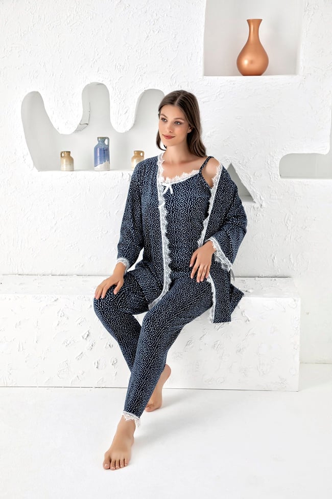 Kadın Gece Mavisi Puan Baskılı Fransız Kadife Ip Askılı Altı Uzun Sabahlıklı 3'lü Pijama Takımı Set