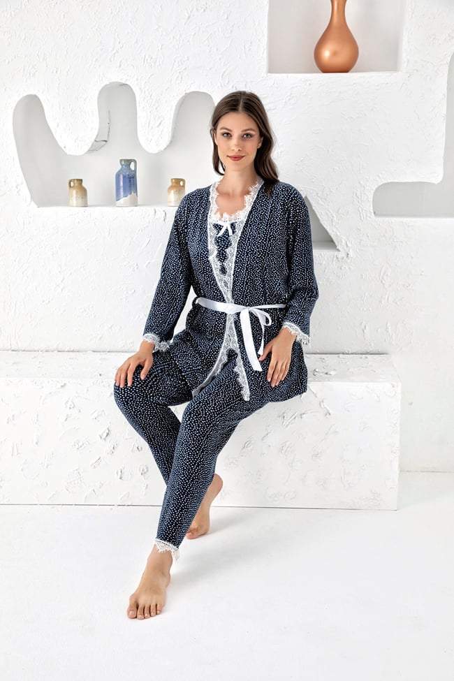 Kadın Gece Mavisi Puan Baskılı Fransız Kadife Ip Askılı Altı Uzun Sabahlıklı 3'lü Pijama Takımı Set