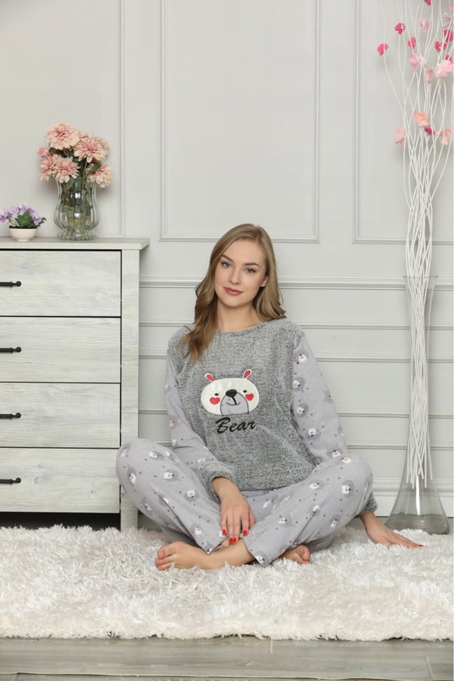 Kadın Gri Ayıcıklı Polar Pijama Takım