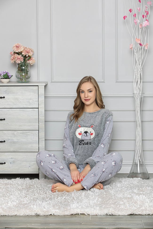 Kadın Gri Ayıcıklı Polar Pijama Takım