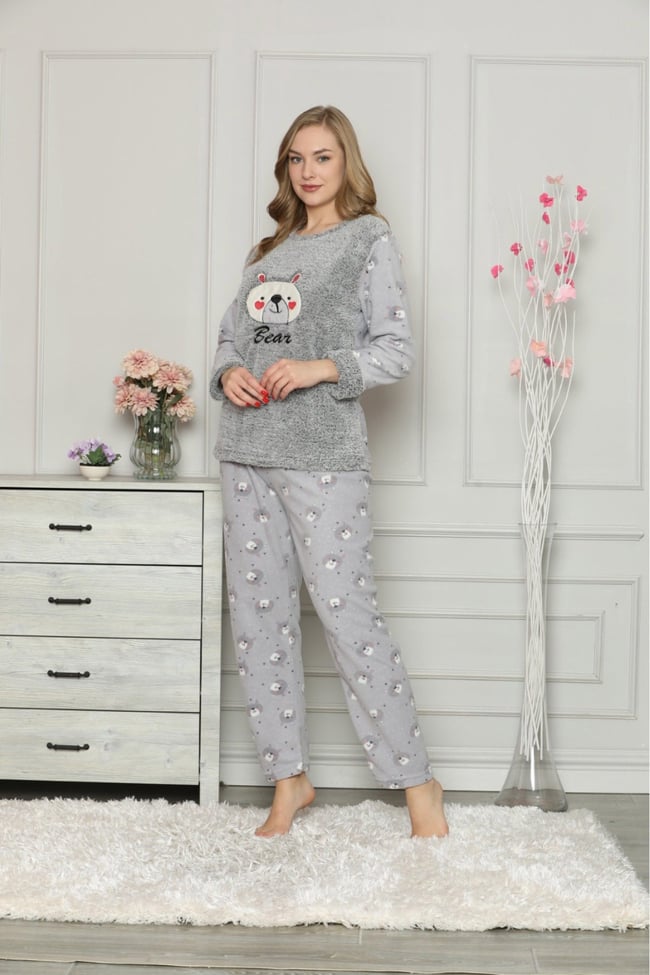 Kadın Gri Ayıcıklı Polar Pijama Takım