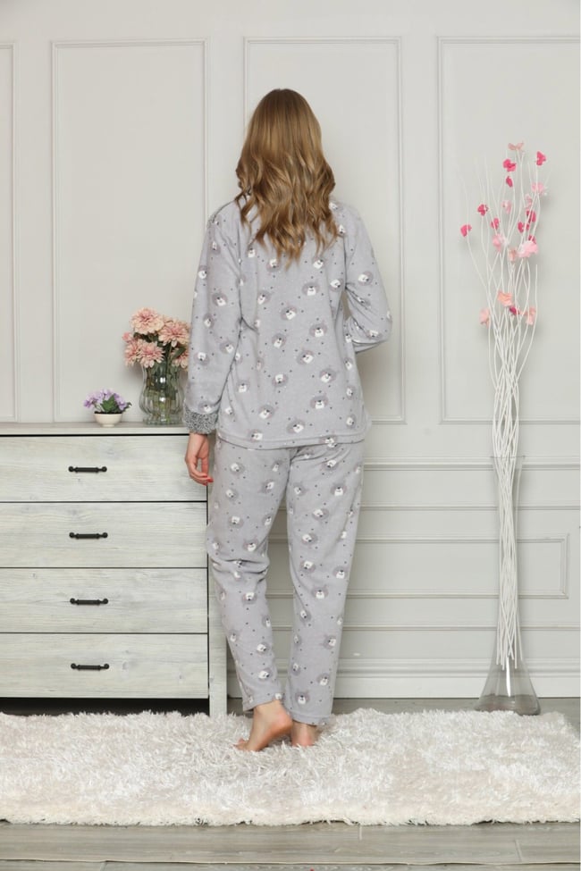Kadın Gri Ayıcıklı Polar Pijama Takım