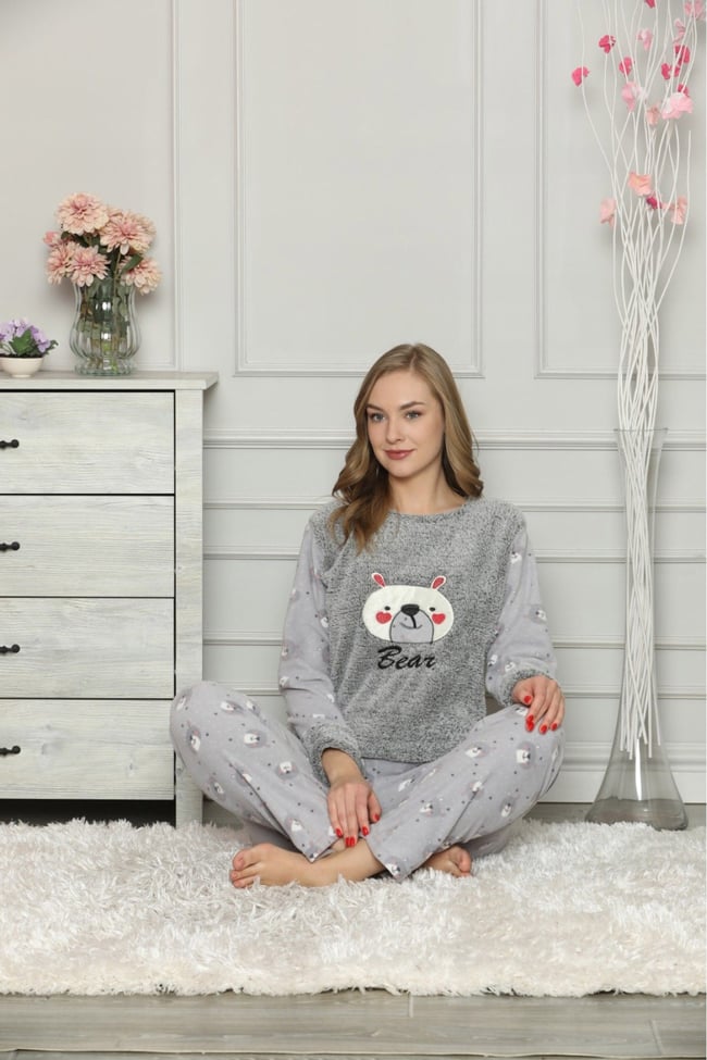 Kadın Gri Ayıcıklı Polar Pijama Takım
