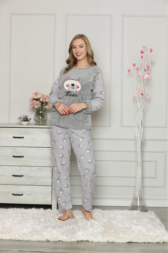 Kadın Gri Ayıcıklı Polar Pijama Takım