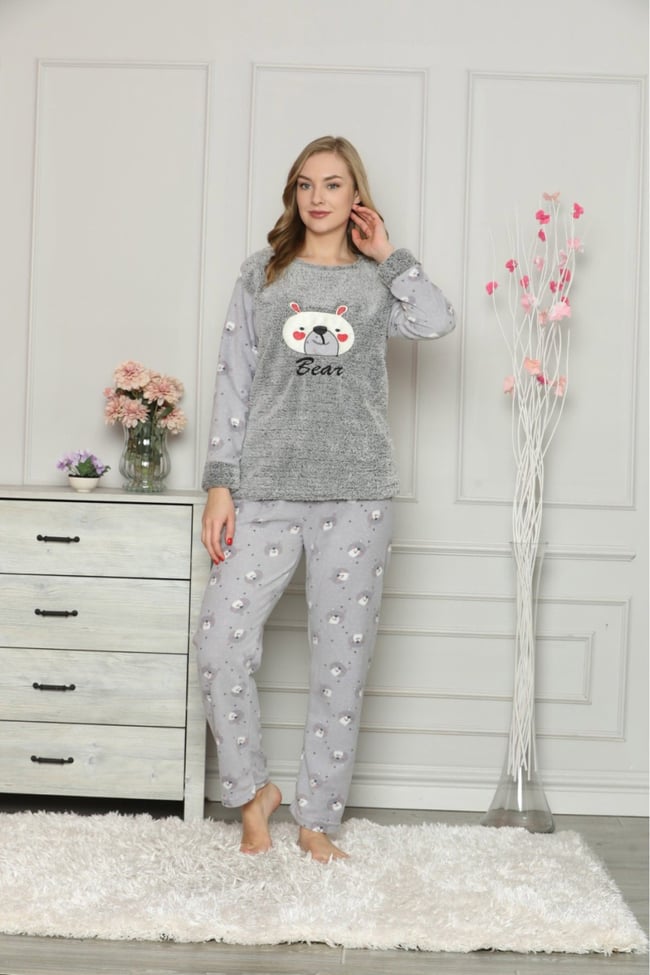 Kadın Gri Ayıcıklı Polar Pijama Takım