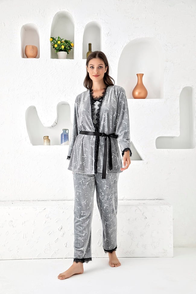 Kadın Gri Baskılı Ithal Fransız Kadife Ip Askılı Altı Uzun Sabahlıklı 3'lü Pijama Takımı Set