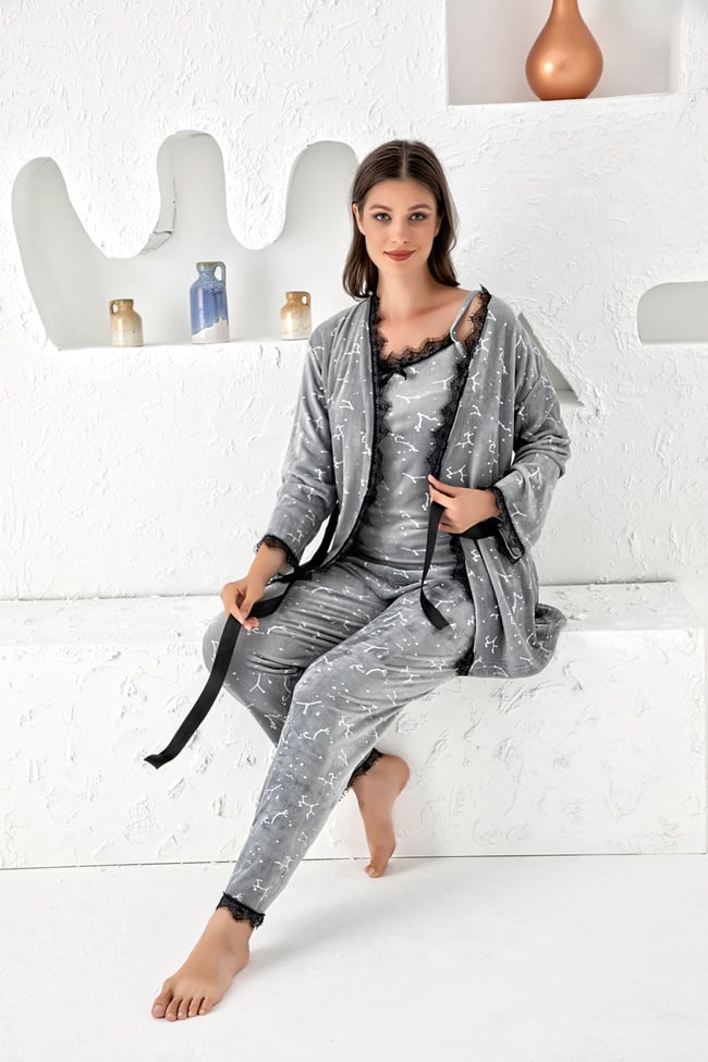 Kadın Gri Baskılı Ithal Fransız Kadife Ip Askılı Altı Uzun Sabahlıklı 3'lü Pijama Takımı Set