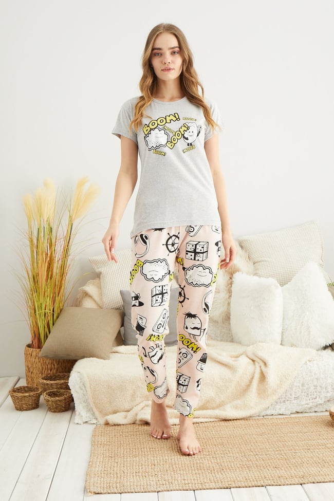 Kadın Gri Boom Baskılı Pijama Takımı