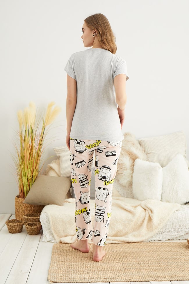 Kadın Gri Boom Baskılı Pijama Takımı