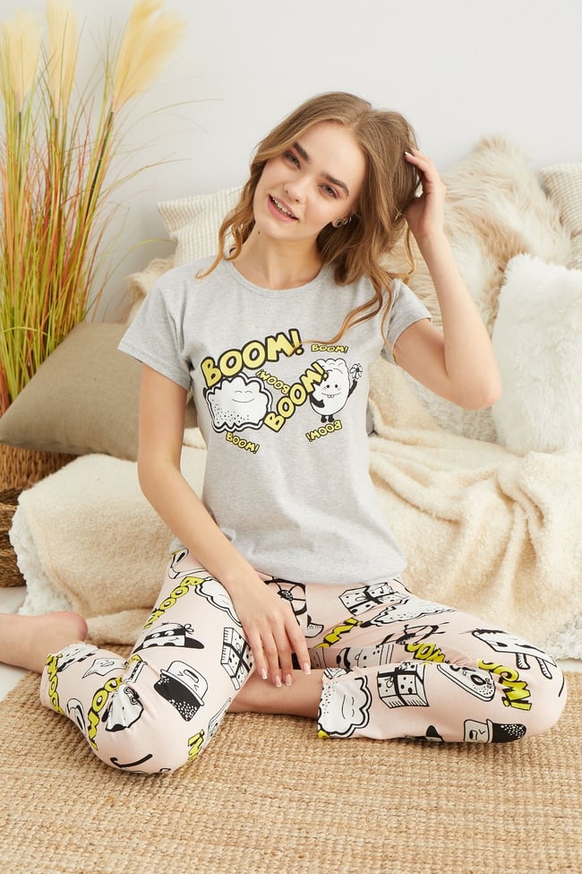 Kadın Gri Boom Baskılı Pijama Takımı