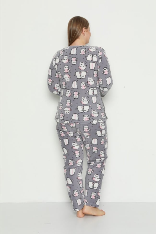 Kadın Gri Kalpli Kedicik Desenli Polar Peluş Pijama Takımı