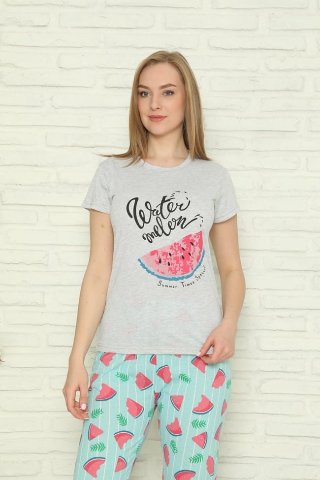 Kadın Gri Karpuz Desenli Desenli Pijama Takımı