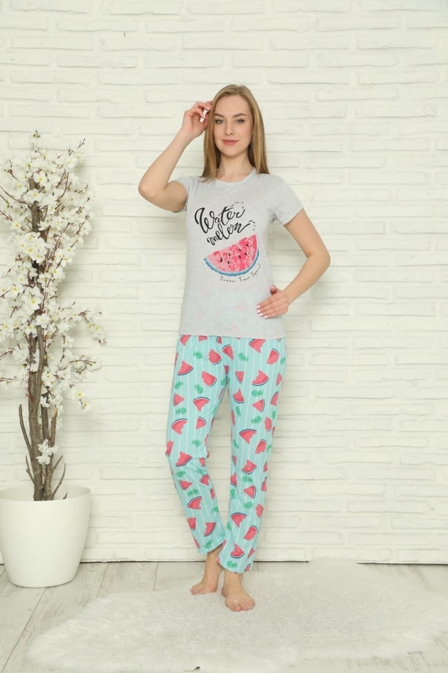 Kadın Gri Karpuz Desenli Desenli Pijama Takımı