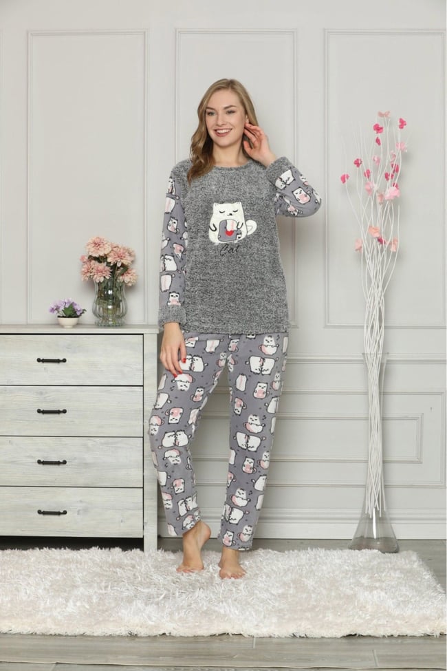 Kadın Gri Kedili Polar Pijama Takım