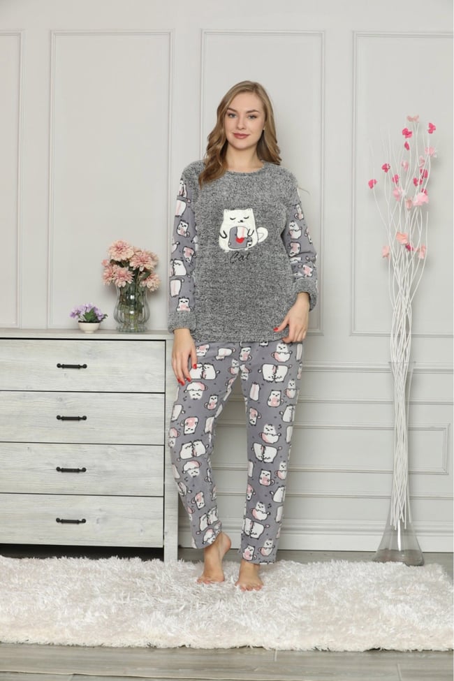 Kadın Gri Kedili Polar Pijama Takım
