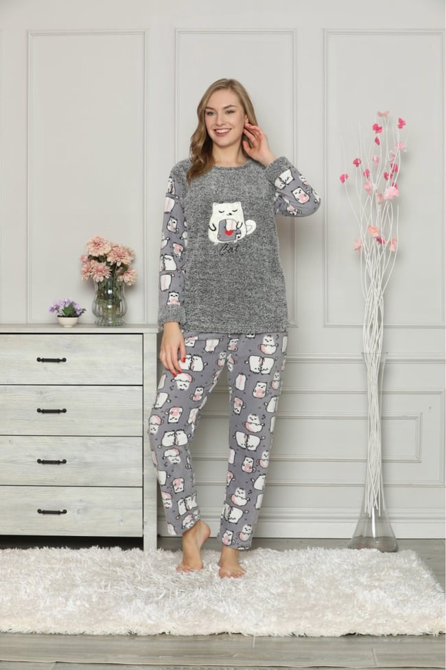 Kadın Gri Kedili Polar Pijama Takım
