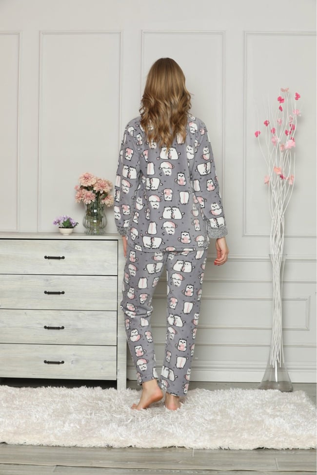 Kadın Gri Kedili Polar Pijama Takım