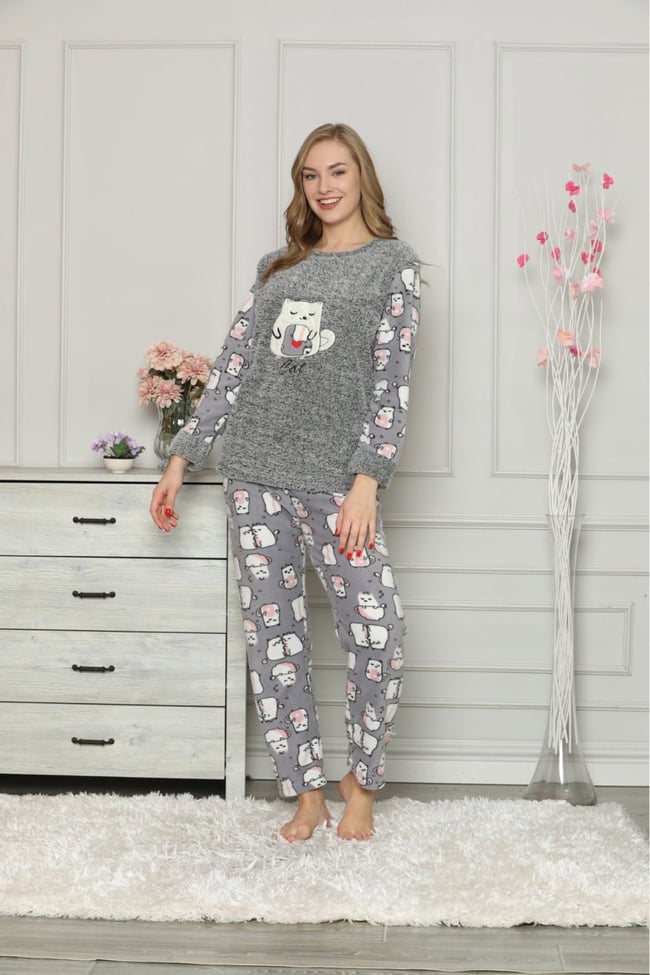 Kadın Gri Kedili Polar Pijama Takım