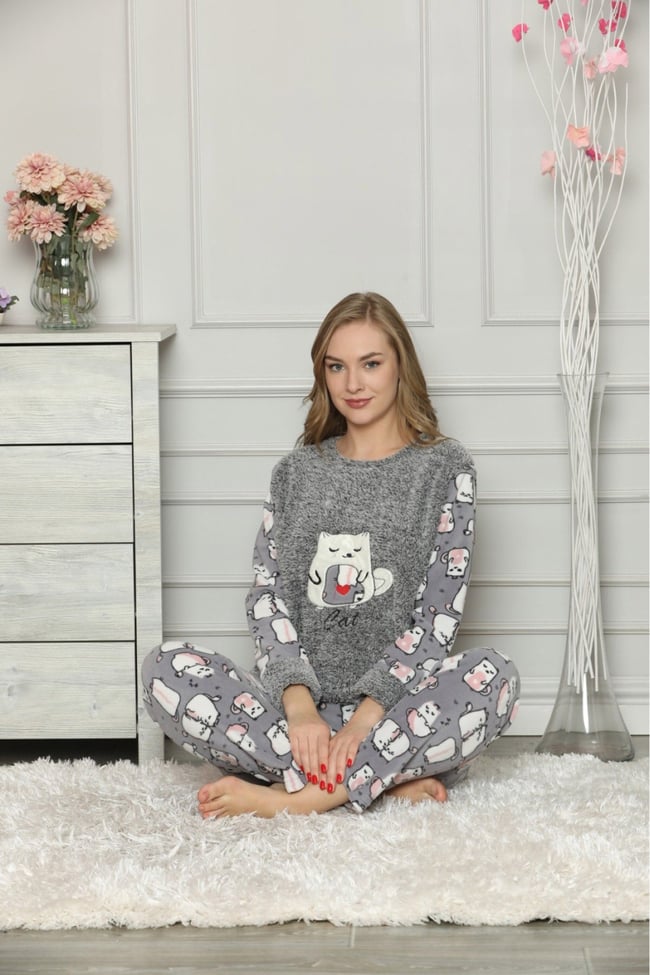 Kadın Gri Kedili Polar Pijama Takım