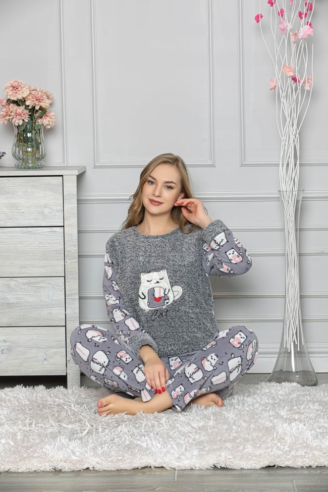 Kadın Gri Kedili Polar Pijama Takım