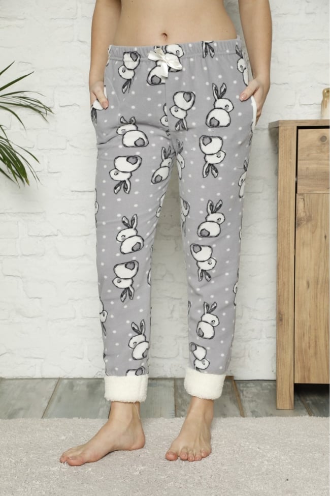 Kadın Gri Paçası Pelüş Tavşanlı Cepli Polar Pijama Altı