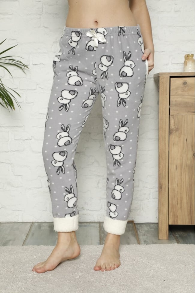 Kadın Gri Paçası Pelüş Tavşanlı Cepli Polar Pijama Altı