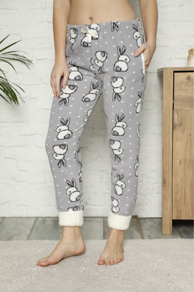 Kadın Gri Paçası Pelüş Tavşanlı Cepli Polar Pijama Altı