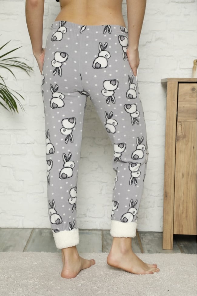 Kadın Gri Paçası Pelüş Tavşanlı Cepli Polar Pijama Altı