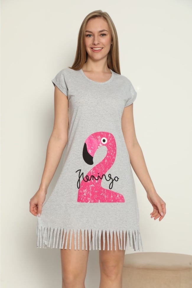 Kadın Gri Renkli Eskitme Flamingo Desenli Püsküllü Elbise