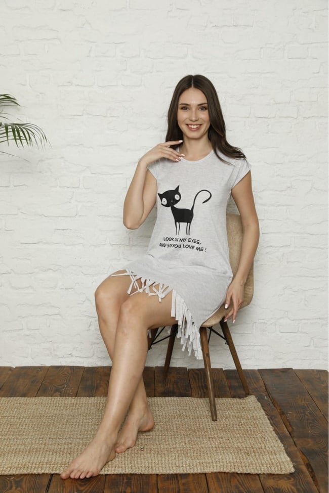 Kadın Gri Renkli Kedi Desenli Gecelik Elbise