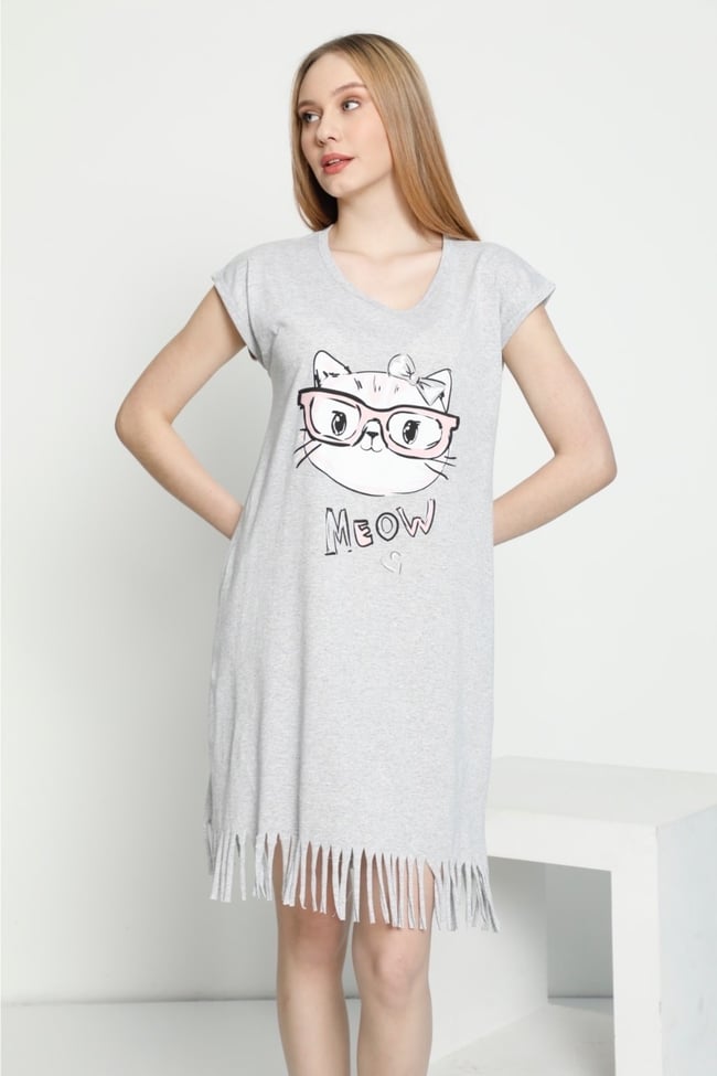Kadın Gri Renkli Meow Kedicik Desenli Püsküllü Elbise