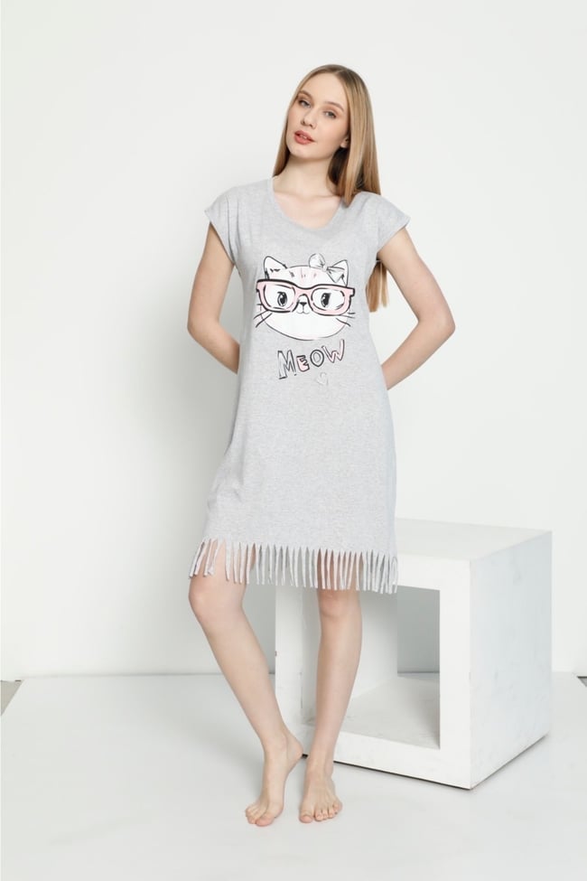 Kadın Gri Renkli Meow Kedicik Desenli Püsküllü Elbise