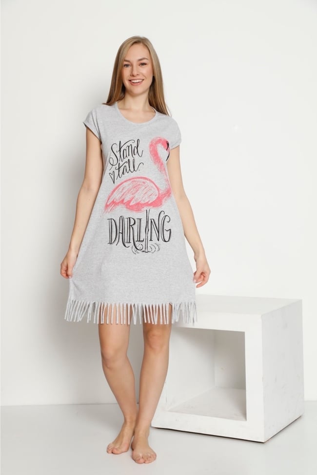 Kadın Gri Renkli Yazılı Flamingo Desenli Püsküllü Elbise