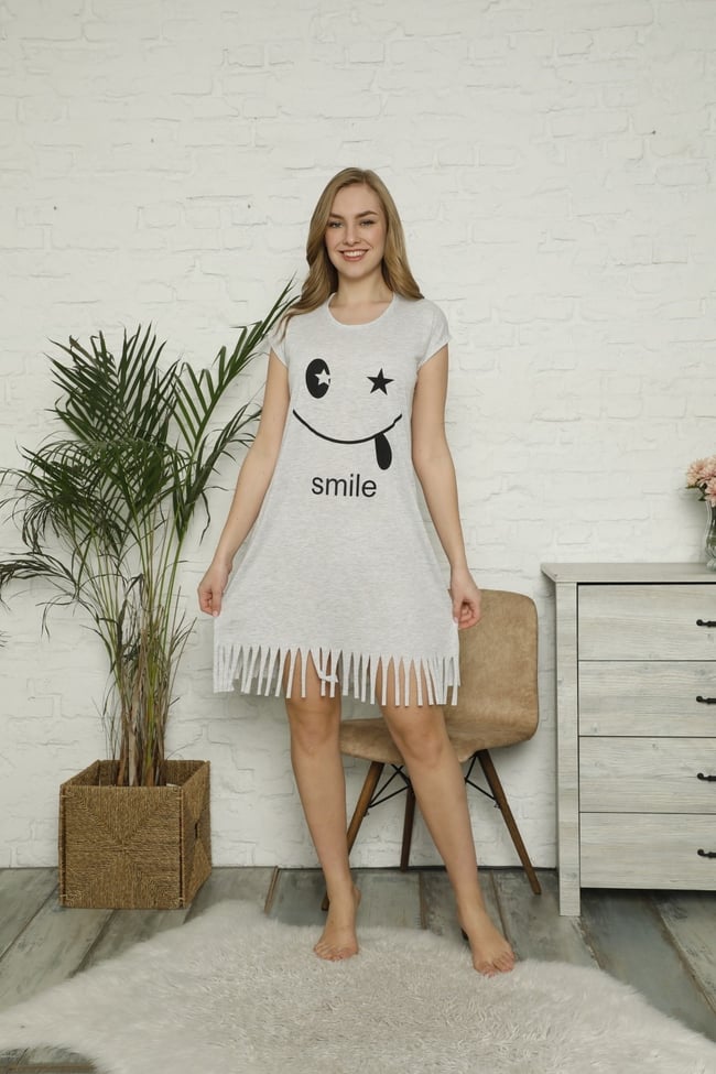 Kadın Gri Smile Baskılı Püsküllü Elbise