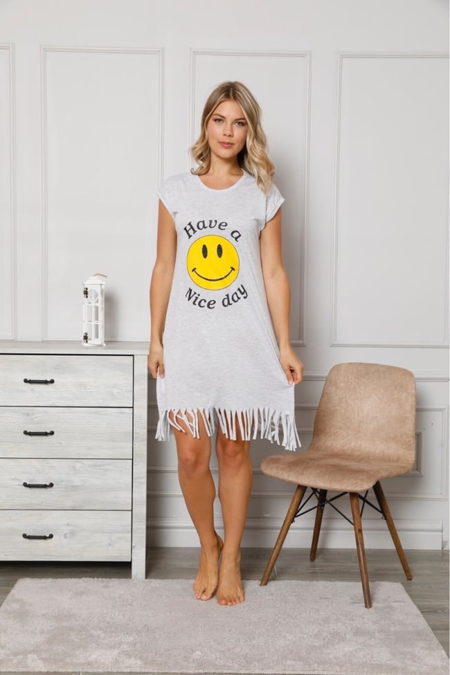 Kadın Gri Smile Baskılı Püsküllü Günlük Elbise Gecelik