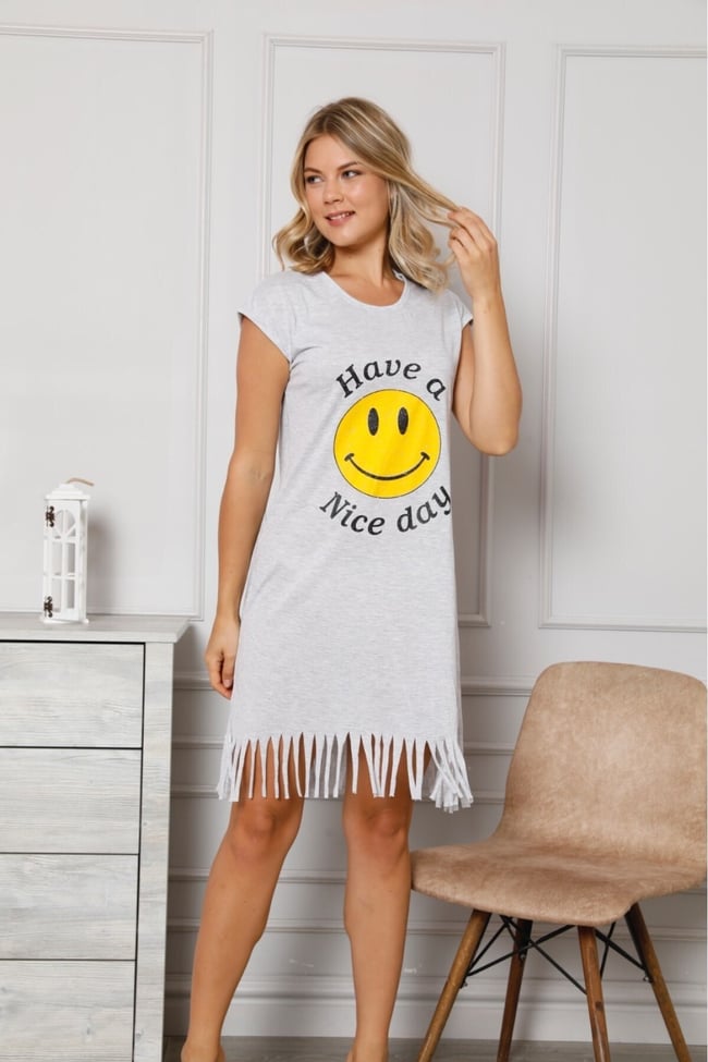Kadın Gri Smile Baskılı Püsküllü Günlük Elbise Gecelik