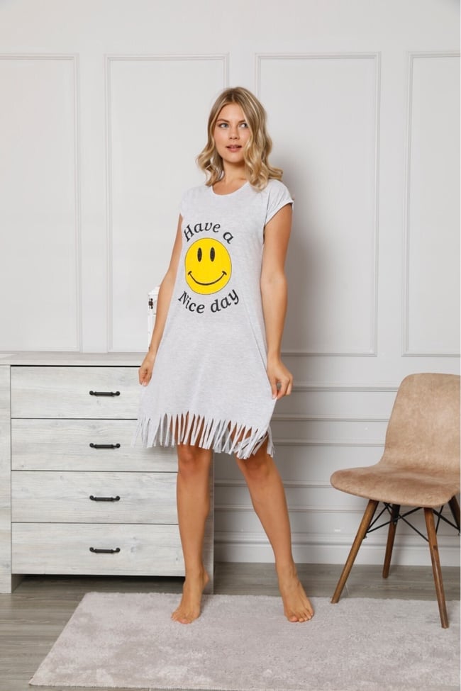 Kadın Gri Smile Baskılı Püsküllü Günlük Elbise Gecelik