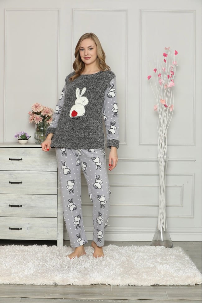 Kadın Gri Tavşanlı Polar Pijama Takım