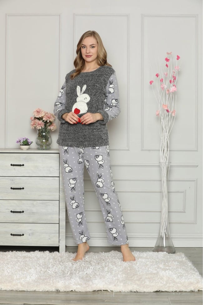 Kadın Gri Tavşanlı Polar Pijama Takım