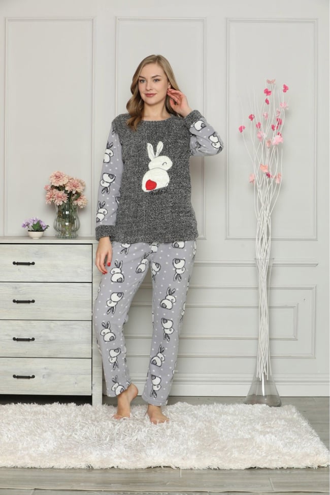 Kadın Gri Tavşanlı Polar Pijama Takım
