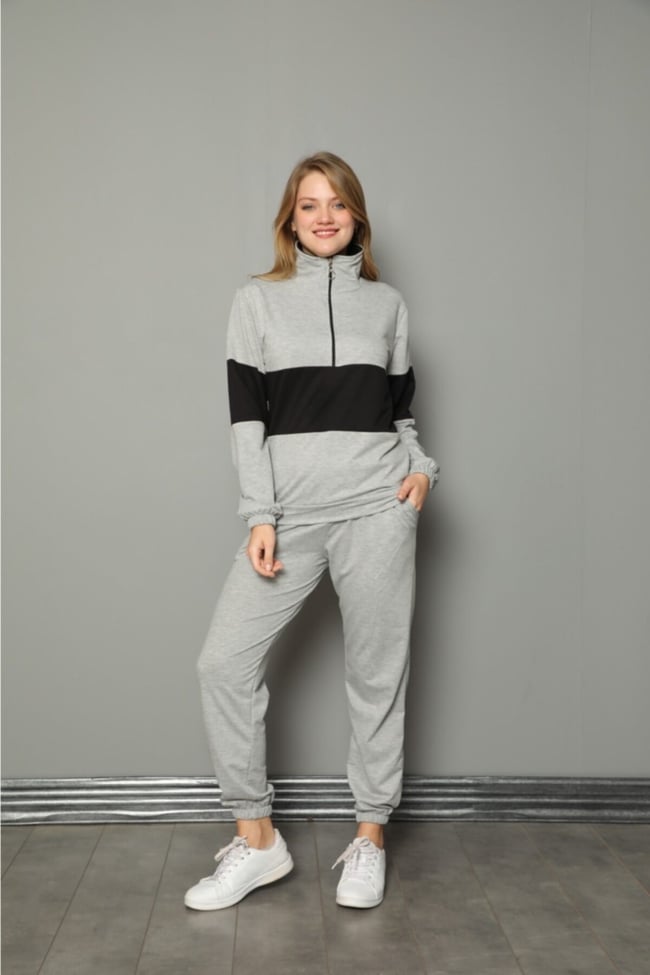 Kadın Gri Yarım Fermuarlu Şeritli Iki Iplik Pijama Takımı