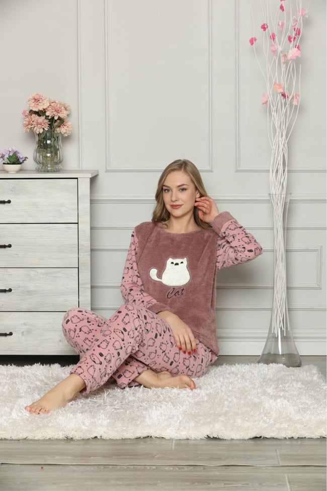 Kadın Gül Kurusu Kedicikli Polar Pijama Takım