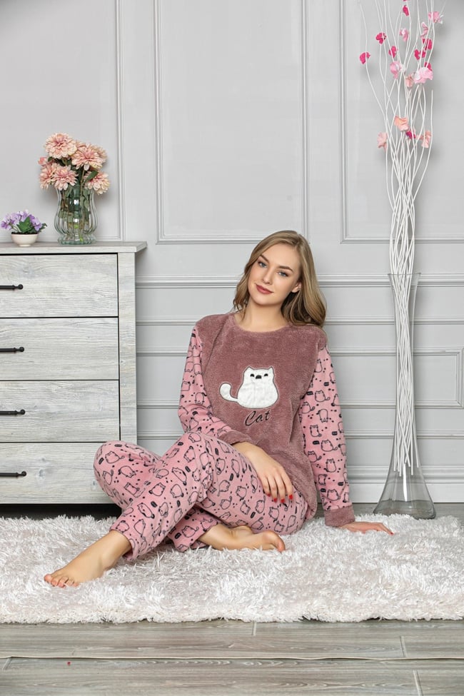 Kadın Gül Kurusu Kedicikli Polar Pijama Takım